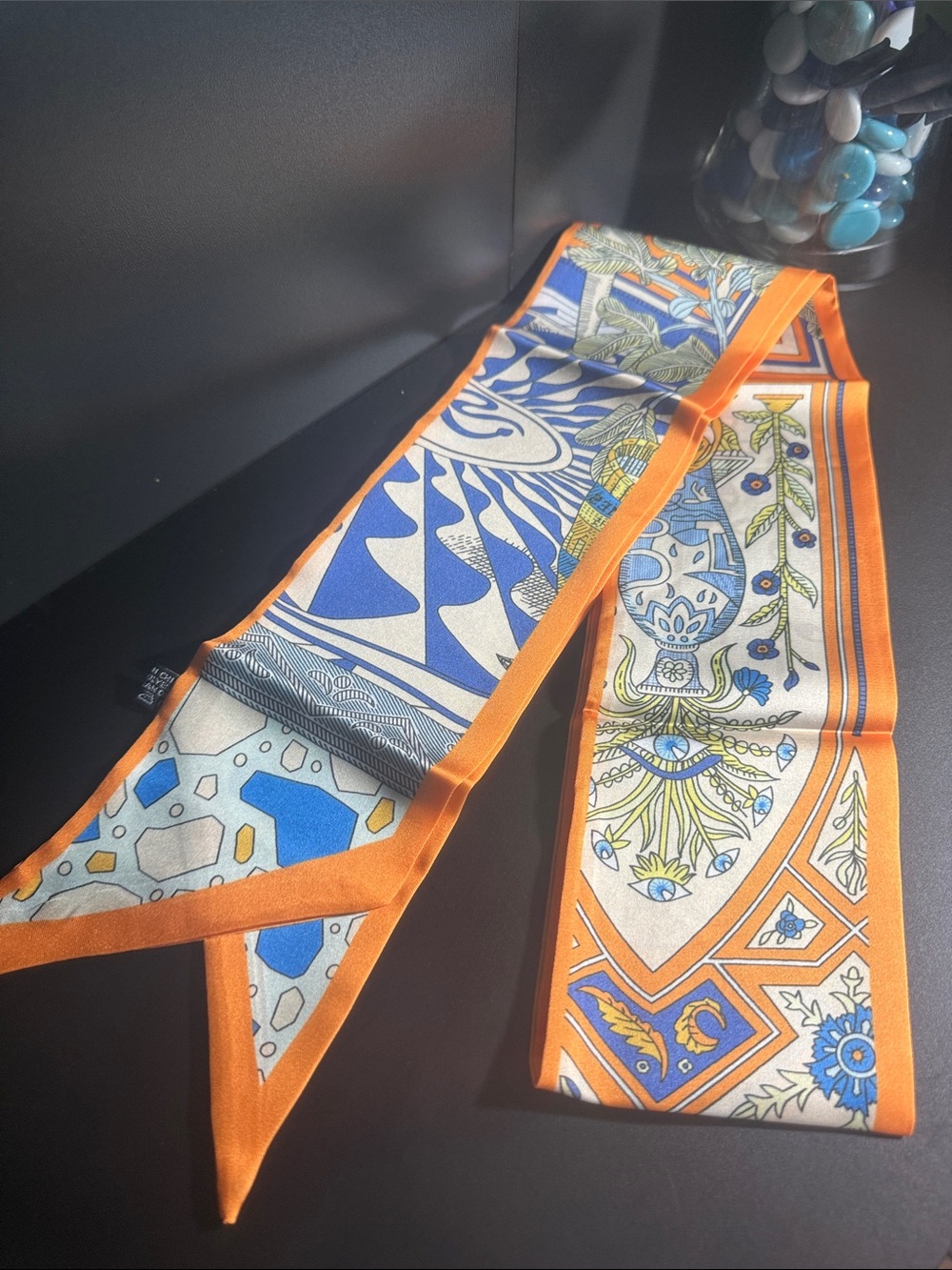 Orange Trim Floral & Geometric Silk Scarf Wrap